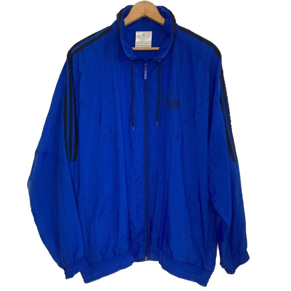 Vintage Adidas Blue Three Black Stripes Full Zip Windbreaker Jacket Size Large